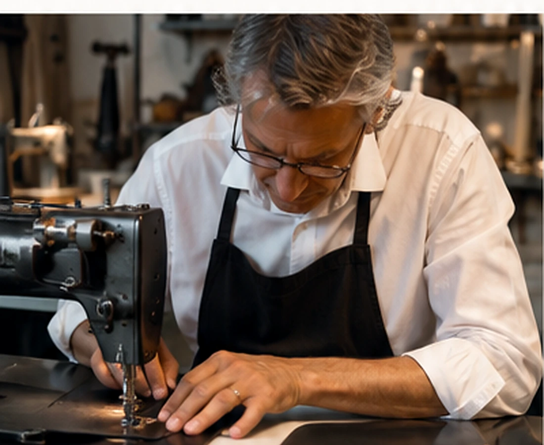Italian fashion artisan working at an industrial sewing machine